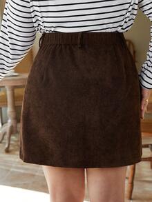 SHEIN Frenchy Plus Size Corduroy Button-front Skirt - Coffee Brown - View 4