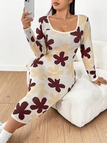 Flirla Women's Plus Size Flower Pattern Sweater Dress - Apricot - View 2