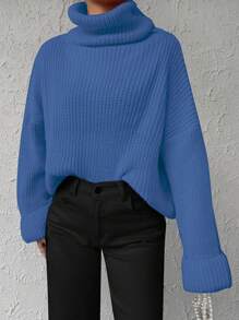 EURMUSE Solid Color Turtleneck Batwing Sleeve Sweater - Blue - View 3