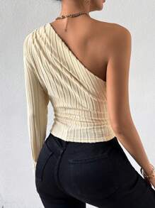 Chiquease Solid Color Asymmetrical Hem One Shoulder Top - Apricot - View 2