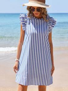 SHEIN VCAY Striped & Print Holiday Ruffle Trim Strapless Dress