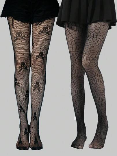 Goth 2pairs Women's Black Fishnet Stockings With Skull & Spider Pattern For Four Seasons, Halloween
