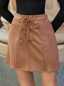 SHEIN Frenchy Lace lên phía trước Chất rắn Váy - Cà phê nâu - Xem 5