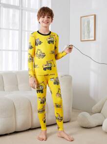 SHEIN Tween Boy合身休閒圓領圖案t恤和長褲貼身家居服套裝 - 彩色 - 查看 4