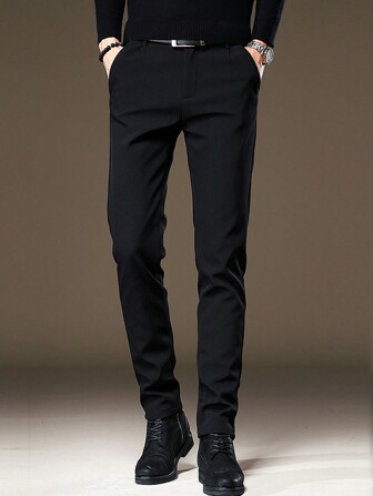 Men's Solid Casual Stretch Tapered Trousers, For Fall