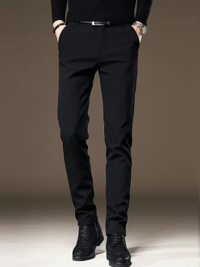 Men's Solid Casual Stretch Tapered Trousers, For Fall