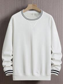 Men Striped Trim Drop Shoulder Sweatshirt - White - View 3