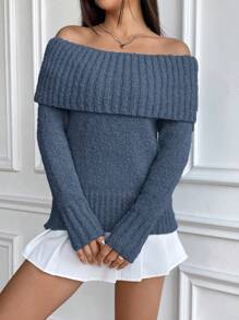 SHEIN Qutie 女士純色露肩毛衣 - 霧霾藍 - 查看 3