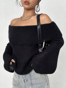 SHEIN Unity 纯色露肩毛衣，长袖针织套头衫，秋冬毛衣 - 黑色 - 查看 4
