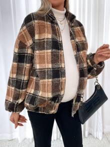 SHEIN Maternity Plaid Pattern Drop Shoulder Teddy Jacket, For Winter - Coffee Brown - View 5