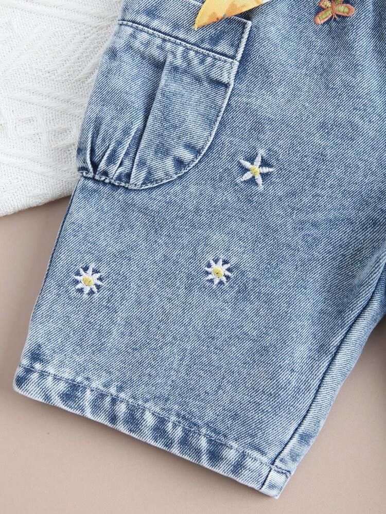 Baby Girls' Basic Casual Vacation Style Light Blue Washed Denim Shorts With Floral Embroidery, Waist Belt