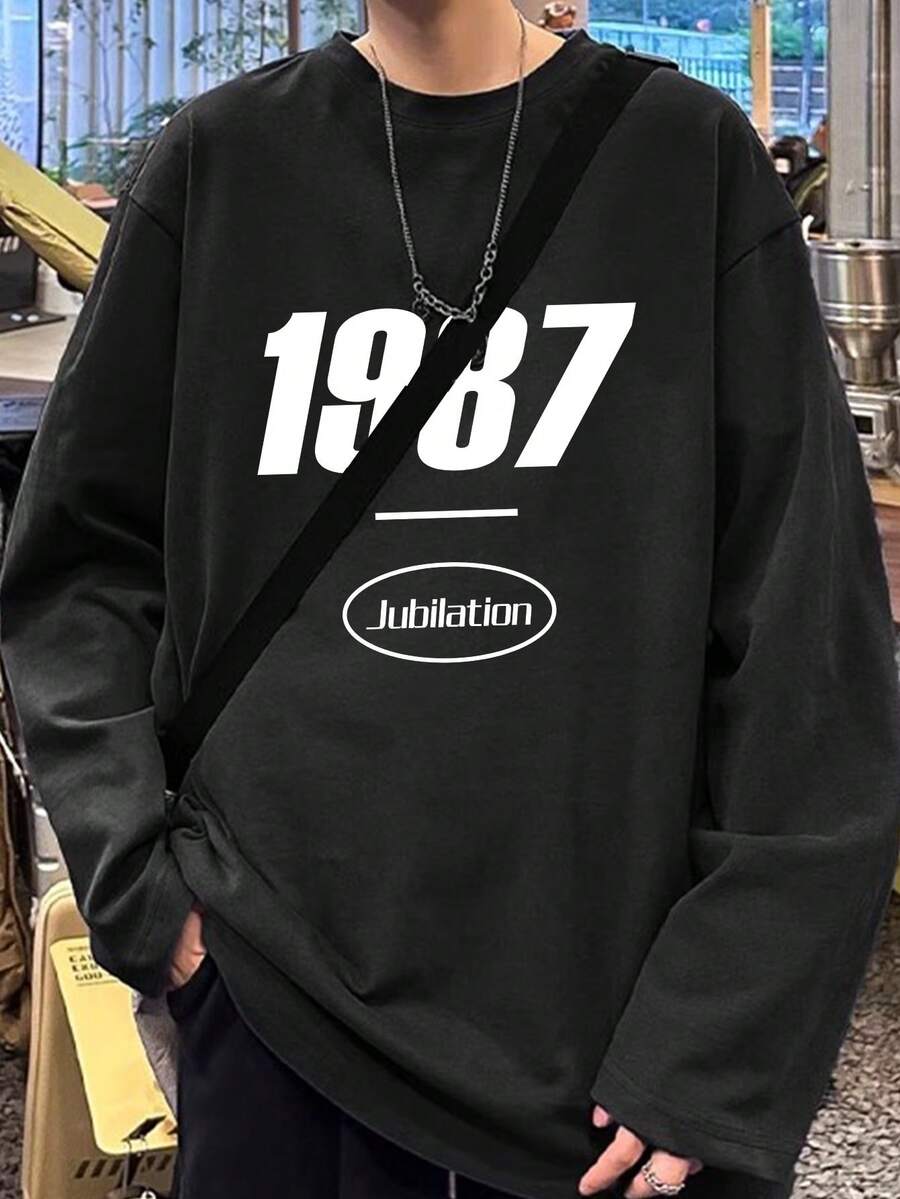 Men Letter & Number Graphic Drop Shoulder Tee - Black - View 1