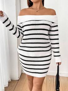 Flirla Fashionabel Randig Axelfri Tröjor Och Sweater Kjolar Uppsättningar För Plus Storlek Kvinnor - Svart och Vitt - Visa 6