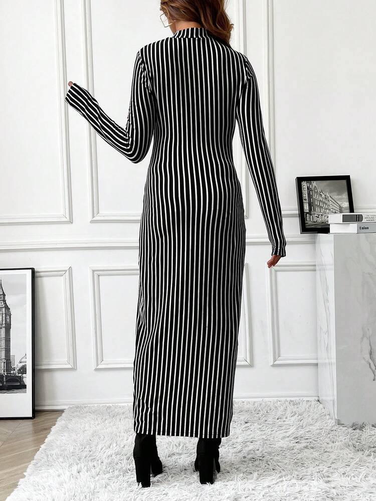 Maternity Stand Collar Striped Long Sleeve Dress