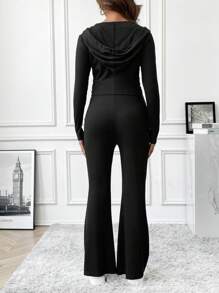 SHEIN Maternity Zipper Front Hoodie With Drawstring And Flared Pants 2pcs/Set - Black - View 2