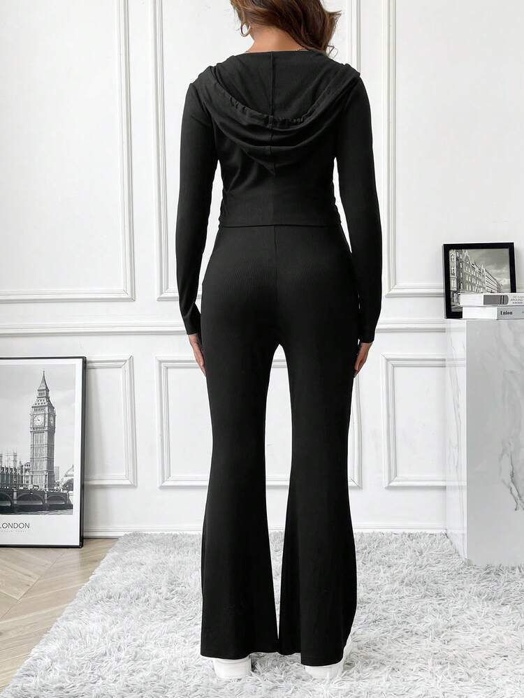 Maternity Zipper Front Hoodie With Drawstring And Flared Pants 2pcs/Set