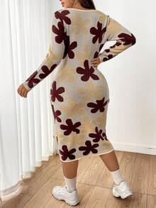 Flirla Women's Plus Size Flower Pattern Sweater Dress - Apricot - View 4