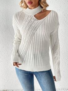 SHEIN Frenchy Hollow Out Long Sleeve Pullover Sweater - White - View 3