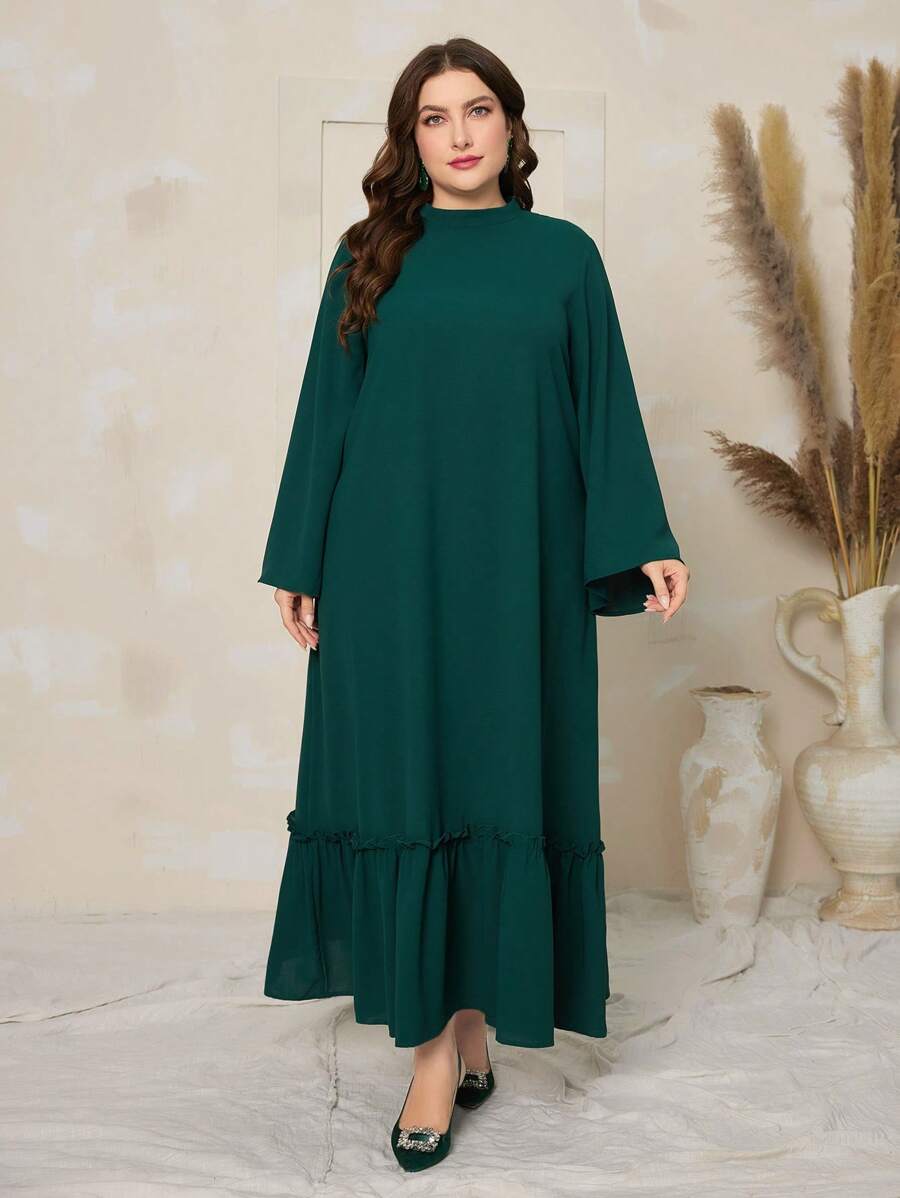 Al Najma Plus Size Solid Color Flare Sleeves With Frilled Hem Modest Dress