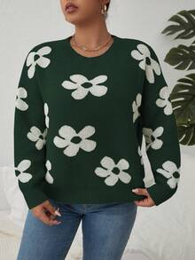 SHEIN Franclia Kích thước lớn Của phụ nữ Mô hình hoa Áo len - màu xanh lá - Xem 4