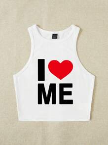 SHEIN EZwear 休闲夏季情人节心形标语印花圆领短款修身女式背心