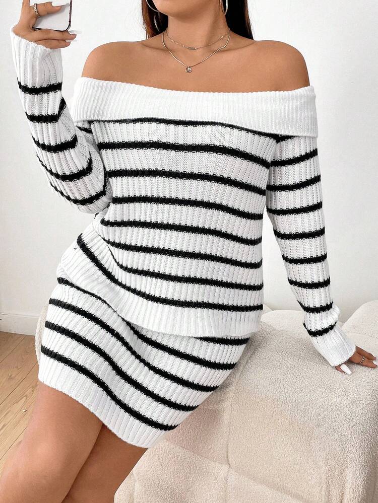 Fashionable Striped Off-Shoulder Sweater And Sweater Skirt Set For Plus Size Women