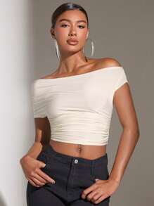 SHEIN BAE Solid Color Off-shoulder Pleated Top - Apricot - View 8