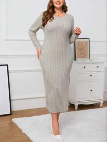 SHEIN Essnce Kích thước lớn Dài Váy bodycon Với Bên Khe - Màu be - Xem 5