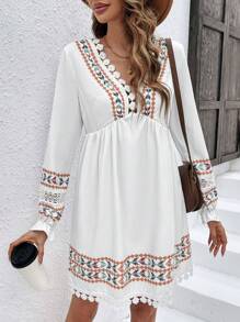 Chiquease Hình học In Cổ chữ V Tay áo dài Đầm - Nhiều màu - Xem 4