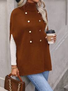 SHEIN LUNE Women's Hi-Lo Cable Knit Sweater With Cape Sleeves And Double Breasted Front Knit Pullover Fall Winter Sweater - Bronze - View 5