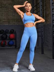 SHEIN Yoga Basic Conjunto De Ropa Deportiva Sin Mangas Y Leggings - Azul - Ver 3