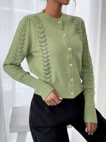 SHEIN Essnce Women's Round Neck Button-up Cardigan - Green - View 5