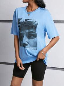 SHEIN EZwear 女士標語印花t恤 - 藍色 - 查看 3