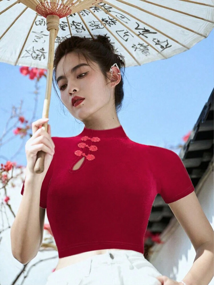 Women's Cheongsam Button Hollow Out T-shirt