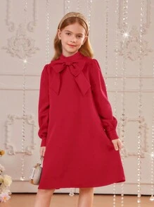 SHEIN Tween Girl Stand Collar Dress With Decorative Back Pleats And Buttons, Long Sleeve