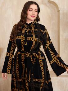 Mulvari Plus Size Chain Pattern Long Sleeve Buttoned Dress Maxi Women Outfit