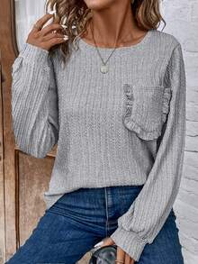 SHEIN LUNE 貼袋長袖休閒t卹 - 灰色 - 查看 6