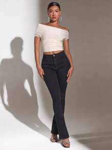 SHEIN BAE Solid Color Off-shoulder Pleated Top - Apricot - View 5