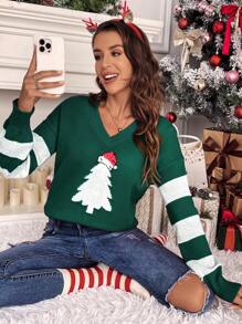 SHEIN Frenchy Women's Christmas Tree Striped Sweater Autumn Winter Clothes For Women Green Casual - Dark Green - View 5