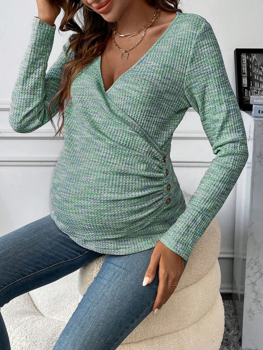 SHEIN 紐帶細節 V 領孕婦長袖 T 卹 - 綠色 - 查看 1