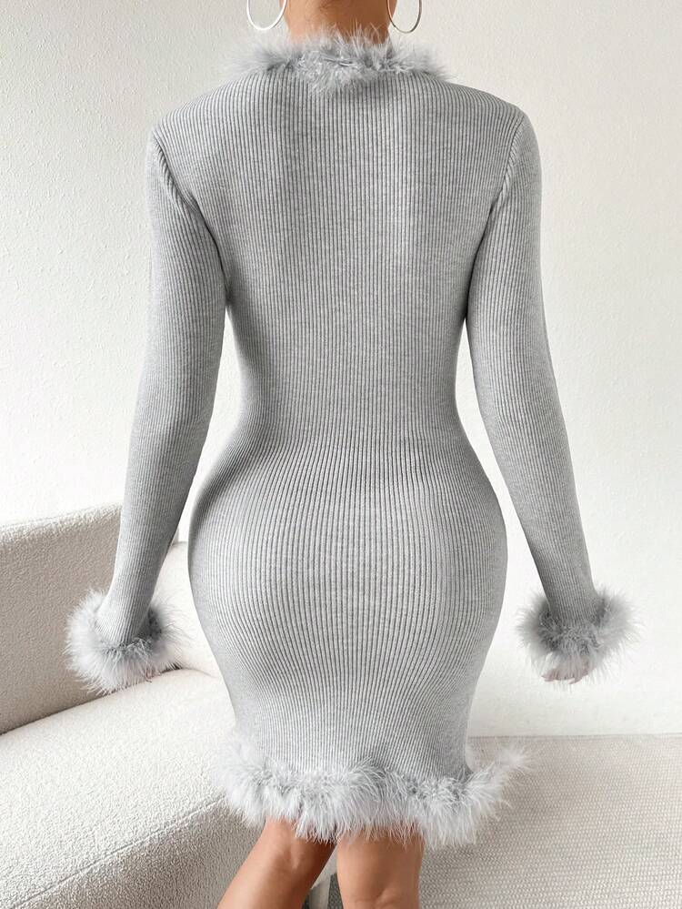 V-Neck Fuzzy Detail Long Sleeve Sweater Dress, Belt Not Included
