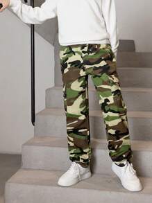 Tween Boy Camo Print Flap Pocket Side Cargo Jeans - Army Green - View 4