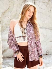 Bohemela 度假風格女用常規版襯衫領開襟夾克 - 紅木色 - 查看 8