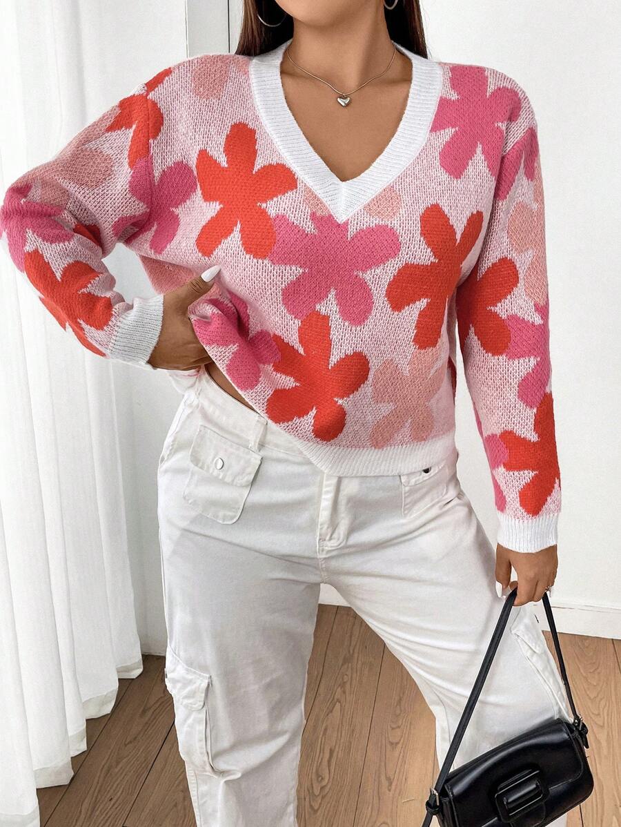 Flirla Pull oversize pour femmes à manches longues et épaules tombantes, motif floral, tricoté, pour l'automne et l'hiver - Rouge - Voir 1