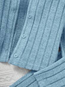 SHEIN Leap Crew Young Girl Casual 3pcs/Set Spaghetti Strap Vest, Knit Cardigan & Flare Pants Outfits - Blue - View 5