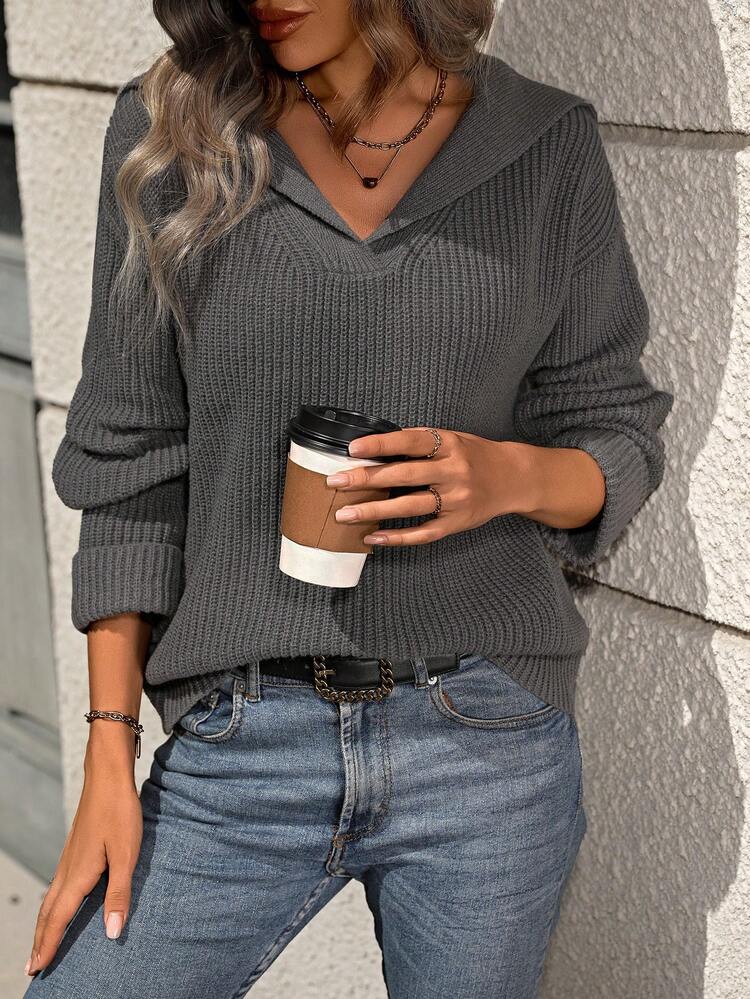 Rib Knit Sweater With Dropped Shoulders Knit Pullover Fall Winter Sweater