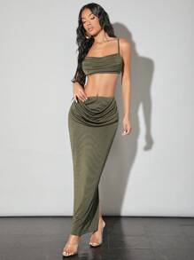 SHEIN BAE 夏季外出綠色披領褶皺短上衣和超長裙套裝 - 軍綠色 - 查看 3