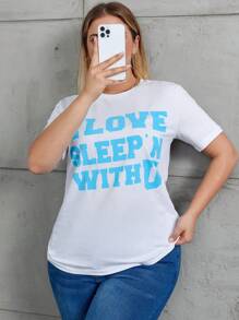 RueChic Plus Size Women's Slogan Printed Short Sleeve T-shirt - أبيض - مشاهدة 2