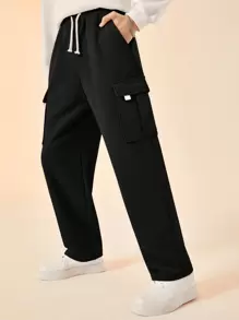 SHEIN 少年男孩休閒寬鬆側邊紋罩衣直腿褲,附有口袋 - 黑色 - 查看 1