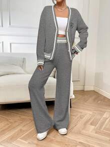 SHEIN Essnce Two Piece Set With Splicing Edge Cardigan And Pants Sweater - Grey - View 3